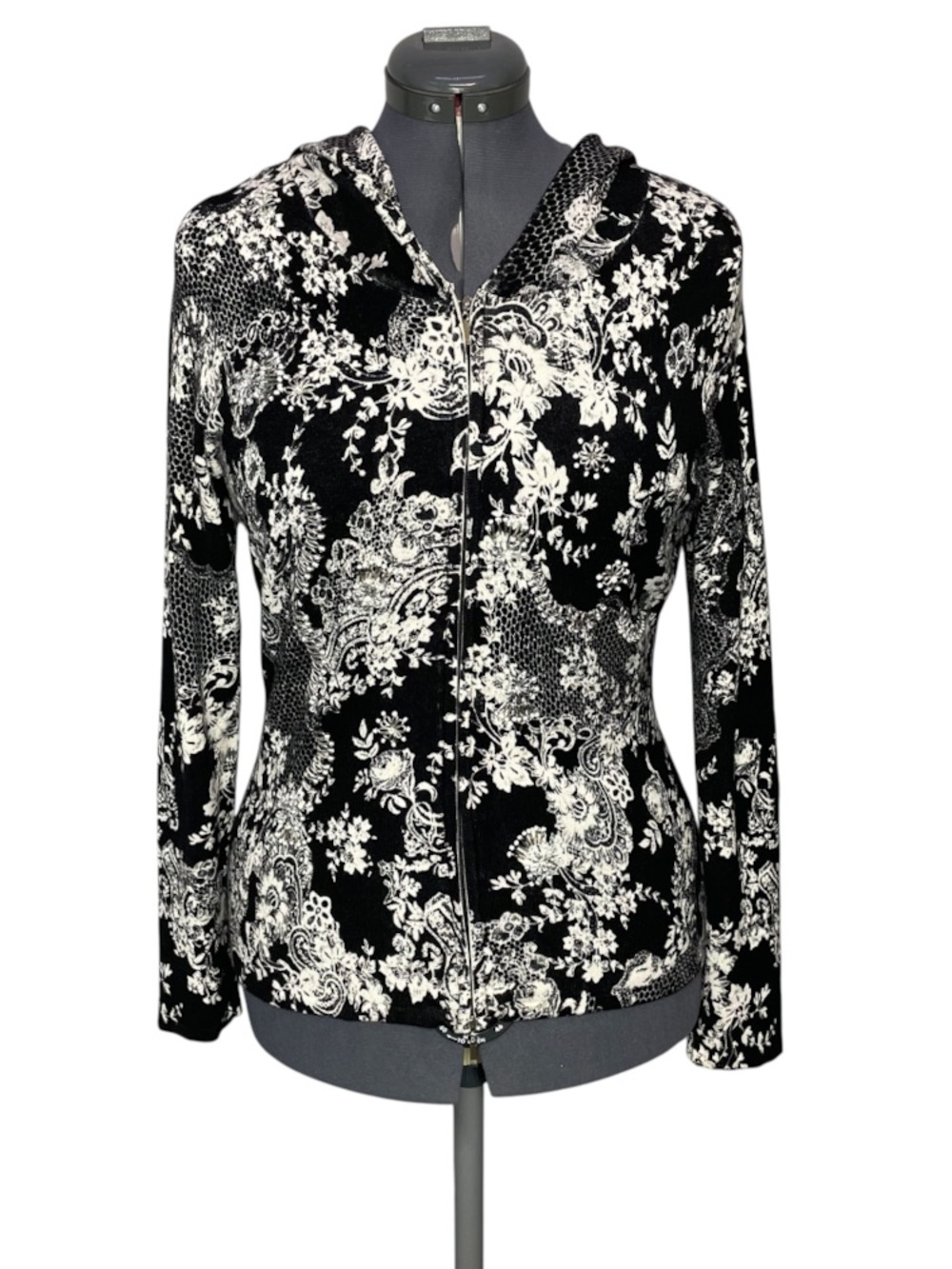 Alberto Makali Black White Beaded Floral Zip Front Hoodie Jacket Sweater Large L